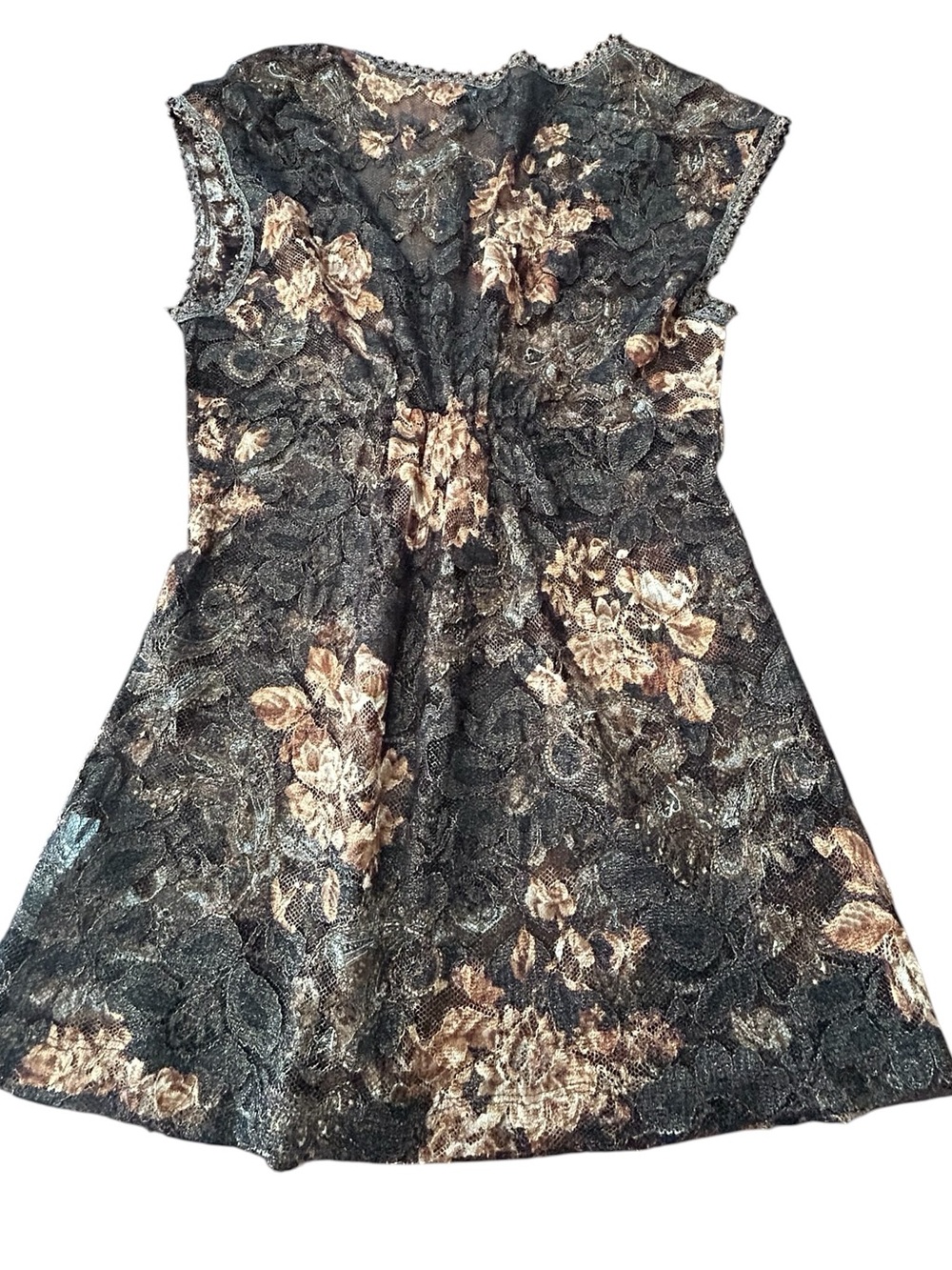 Karen Kane Brown Floral Lace-Trim V-Neck Spice Market Shirred Top SZ L Rare NWT - Picture 6 of 14
